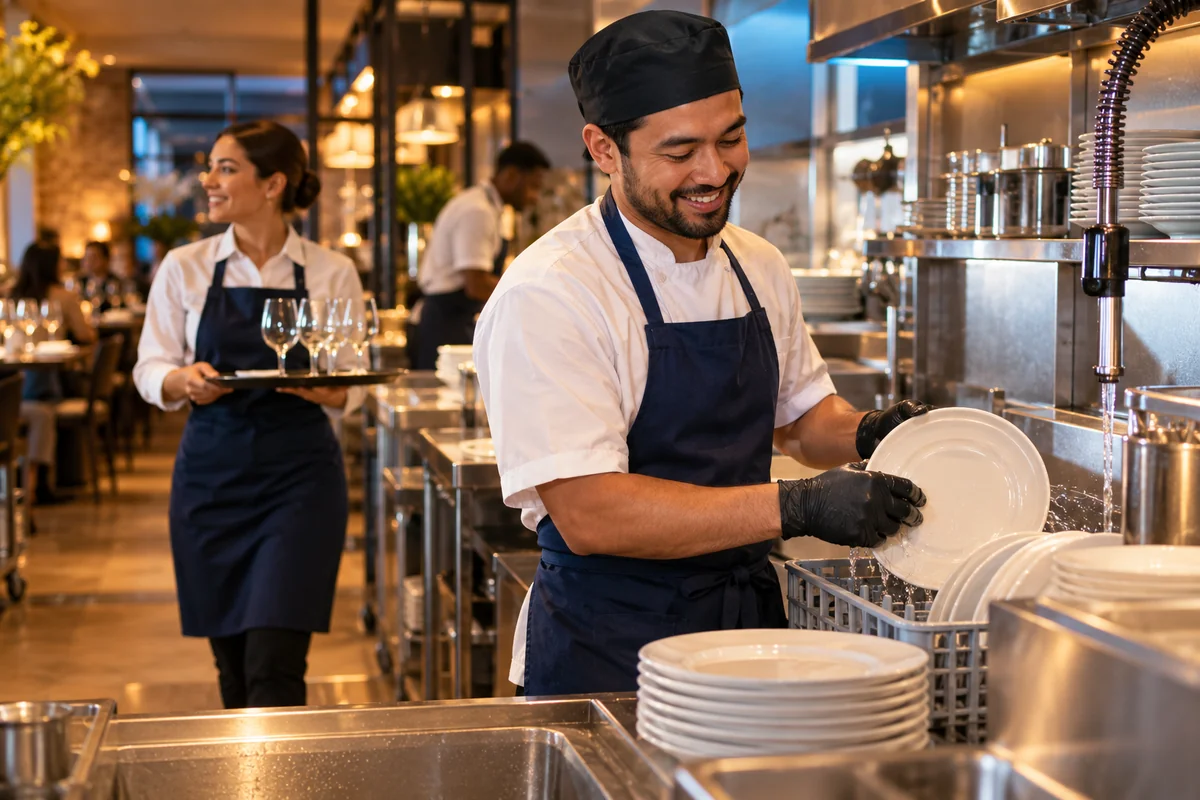 Illustration of a professional dishwasher and waiter at work in a restaurant kitchen