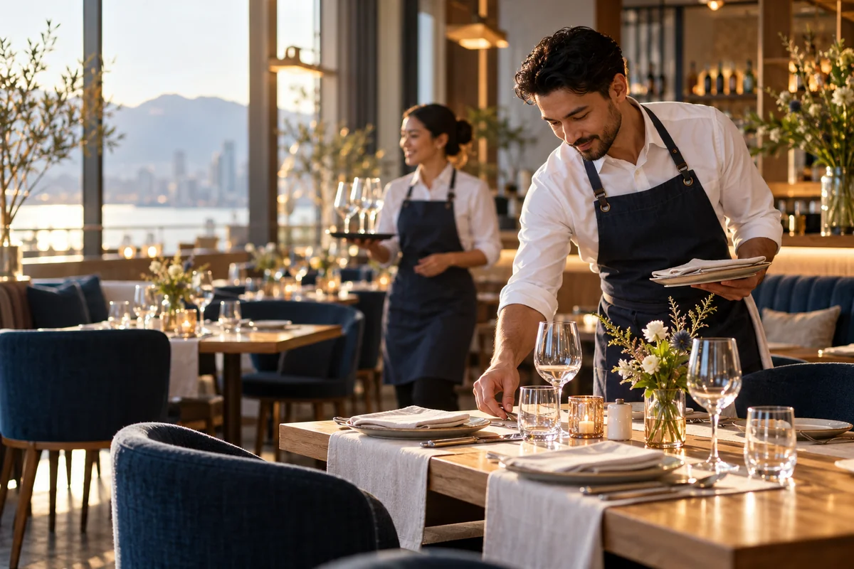Illustration of a waiter preparing a restaurant table for service